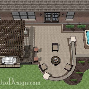 DIY Patio Plan with Seating Walls, Pergola and Outdoor Grill Station with Bar 775 Sq. Ft.