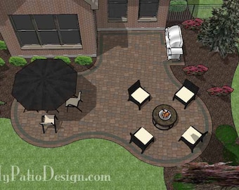May include: An aerial view of a patio with a black umbrella, a fire pit, and six chairs. The patio is made of brick and has a curved edge. There is a small patch of grass in the foreground.