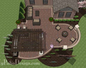 May include: A top-down view of a patio design with a pergola, a fire pit, and seating. The patio is made of brick and has a curved edge. There are plants and trees around the patio.