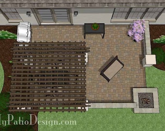 May include: Top view of a patio design with a pergola, a fire pit, a bench, and a table. The patio is made of brown pavers and the pergola is made of wood.