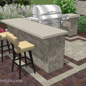 Outdoor grill station with attached bar is meant for roll around grills with a maximum width of 60 inches. It is built out of 4 inch by 8 inch by 12 inch tumbled patio block. Our plans show how to build this grill station step by step.