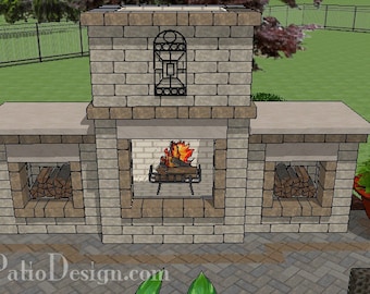DIY Outdoor Block Fireplace Plan with Two Woodboxes