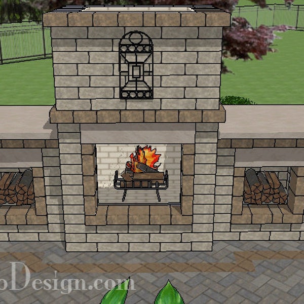 DIY Outdoor Block Fireplace Plan with Two Woodboxes