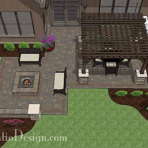 DIY Patio Plan with Seating Wall, Pergola and Fire Pit 560 Sq. Ft.