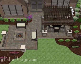 May include: A top-down view of a backyard patio design with a fire pit, a pergola, and a seating area. The patio is made of brick pavers and surrounded by green grass. The pergola is made of wood and has a lattice roof. The seating area has a table and chairs. The fire pit is made of stone and has a metal grate.