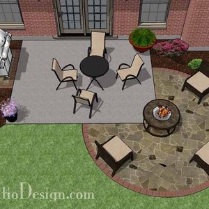 Puede incluir: Un diseño de patio con un patio de piedra, una chimenea y una parrilla. Hay sillas y una mesa en el patio. El patio está rodeado de paisajismo.