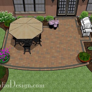 May include: A brick patio with a brown umbrella, a table and chairs, and a grill. The patio is surrounded by green grass and plants.