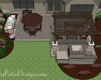 May include: A backyard patio design with a pergola, a brick fireplace, a grill, and a patio table and chairs. The patio is surrounded by landscaping with plants and flowers.