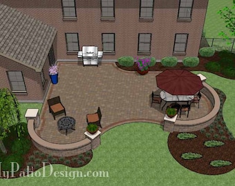 May include: An aerial view of a backyard patio design. The patio features a brick paver surface, a grill, a dining set with an umbrella, and a fire pit. The design includes landscaping and a brick house.