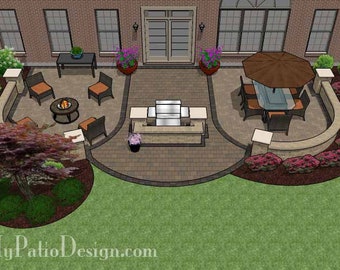 May include: A backyard patio design with a curved stone wall, a fire pit, a dining table with chairs, and a built-in grill. The patio is surrounded by landscaping with trees and flowers.