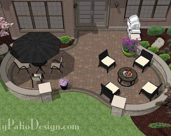 May include: A backyard patio design with a curved stone wall, a black umbrella, and a fire pit with chairs. The patio is surrounded by landscaping with trees and flowers.