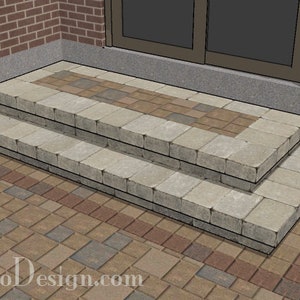 Puede incluir: Entrada de patio de piedra de dos escalones con un borde de ladrillo. Los escalones están hechos de piedra gris claro y el borde está hecho de ladrillos rojos, marrones y grises.