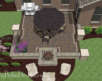 May include: An overhead view of a backyard patio design. The patio features a dark umbrella over a table with chairs, a grill, a fire pit, and landscaping with flowers and stepping stones. The patio is surrounded by a brick wall.