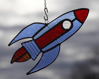 Sci-Fi Stained Glass Suncatcher Rocket Ship Space Handmade in USA