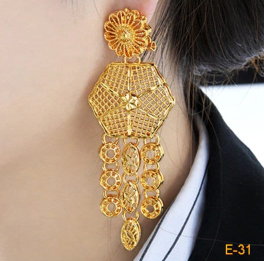 XUHUANG 2Pair Dubai Big Earrings Square Shape Long Tassels African 24K  Plated Gold Earrings Women Wedding Banquet Jewelry Gifts
