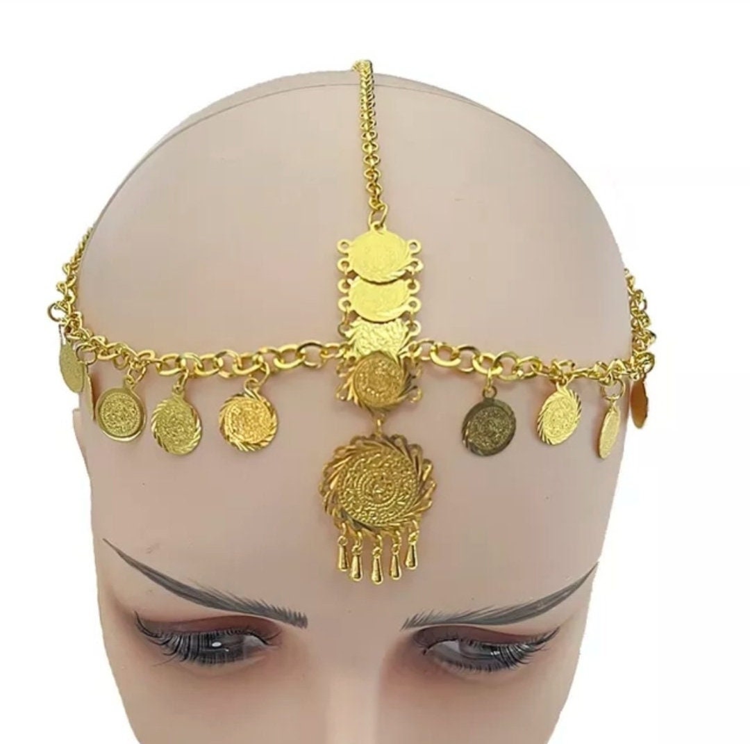 Women\'s indian Egypt queen belly dance coins gold head chain hair  accessories one piece- Material : AlloyContent : Only one piece head chain