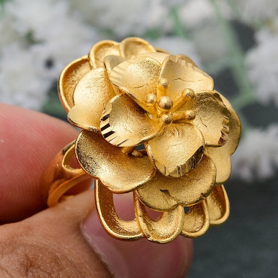 Generous 24K Yellow Gold Plated Big Flower Women's Open Up Bracelet Rings  Set | eBay