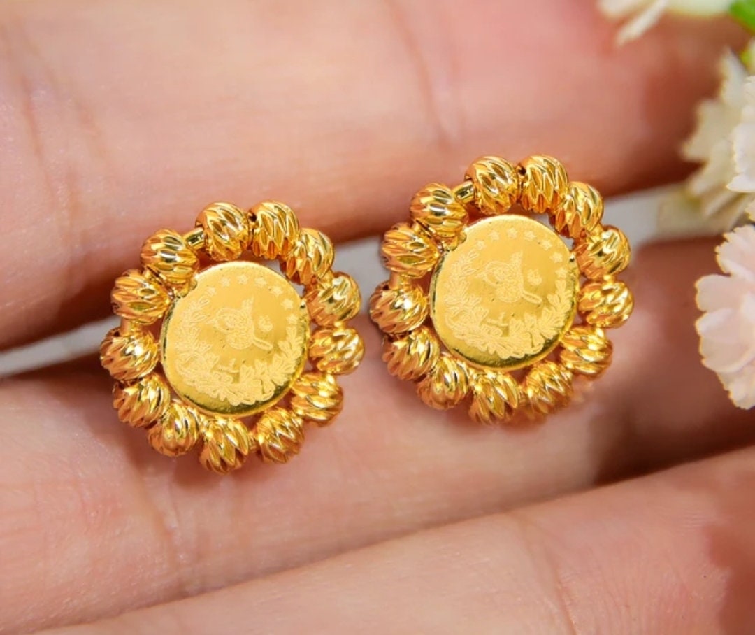 24k Real Gold Plated Stud Earrings Coin Earrings Dubai Etsy