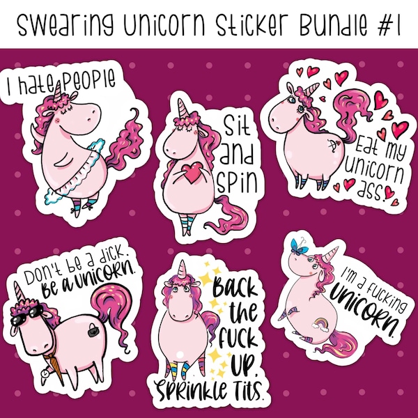 Swearing Unicorn Sticker Bundle #1, Funny Adult Sticker Pack