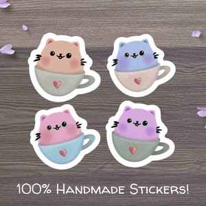 Cutie Cats Original Illustration Vinyl Waterproof Die Cut Stickers, Sticker Pack, Four Cute Cat Stickers, Planner Stickers, Laptop Stickers
