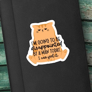 以下が含まれることがあります： むっつりとした表情をしたオレンジ色の猫の漫画が描かれたステッカー。猫は足を組んで座っており、「I'M GOING TO BE disappointed BY A MAN TODAY. I can feel it.」という文字が書かれている。