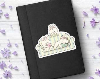 Cute Bunnies Reading Sticker, Laptop Sticker, Kindle bookish sticker, Book lover gift, Bookish Merch, Reading Lover, eReader Decal