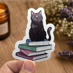 Bookish Cat Vinyl Sticker: Cat on Books, Handmade, Water-Resistant