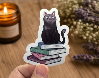 Vinylsticker kat op boeken: kat op boeken, handgemaakt, waterbestendig