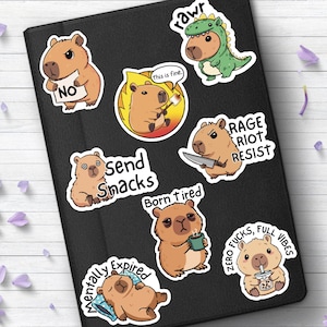 May include: A collection of capybara stickers on a black surface. The stickers feature various designs, including a capybara with a knife, one in a dinosaur costume, and others with text like "NO", "Send Snacks", and "Zero Fucks, Full Vibes".