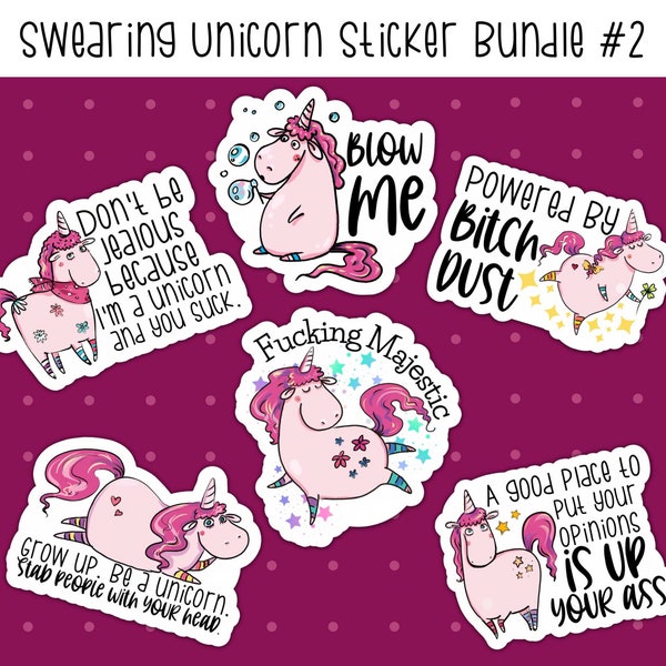 Swearing Unicorn Sticker Bundle #2, Funny Sticker Pack for Adults