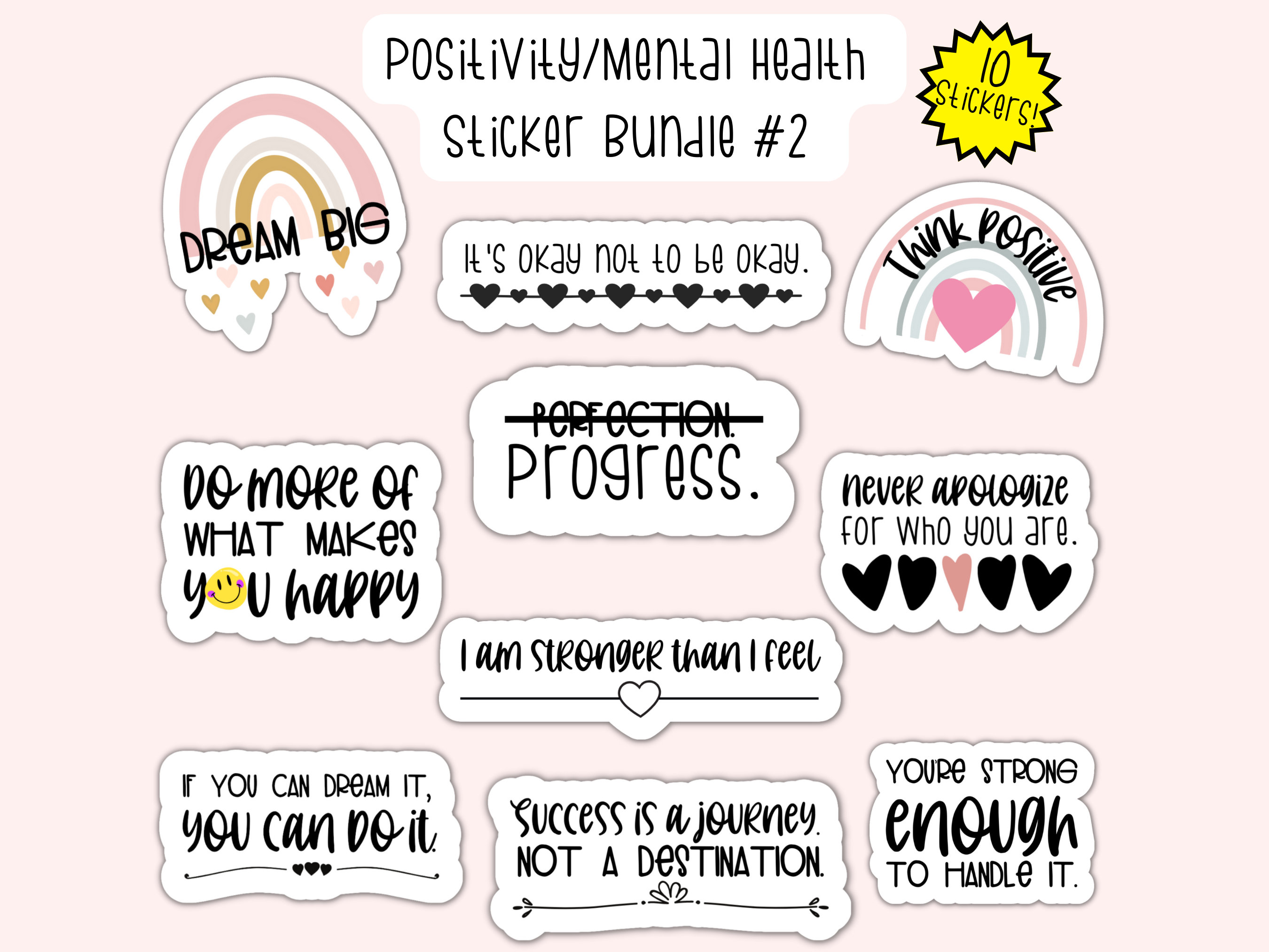 Mental Health Sticker Bundle: Positive Affirmations, Water-Resistant Vinyl (10 Stickers)