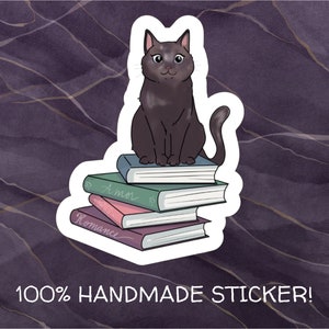 Bookish Cat Vinyl Sticker: Cat on Books, Handmade, Water-Resistant