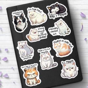 Puede incluir: Una colección de pegatinas con temática de gatos sobre una superficie negra. Las pegatinas presentan varias ilustraciones de gatos con frases humorísticas como "Manifesting chaos", "I'm fine (lies)" y "Nap > People". Las pegatinas están rodeadas de pétalos de flores moradas.