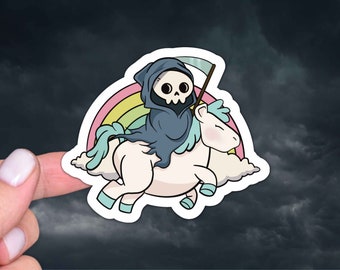 Sticker Magere Hein op paard, schattige griezelige sticker, Goth-sticker, emo Kawaii-sticker van Magere Hein