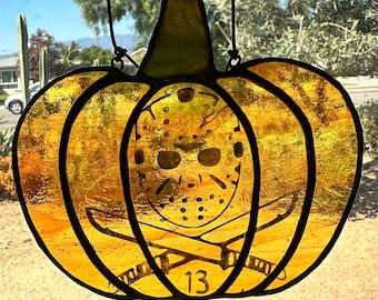 Stained Glass Pumpkin - Jason Voorhees Friday the 13th - Etched Glass