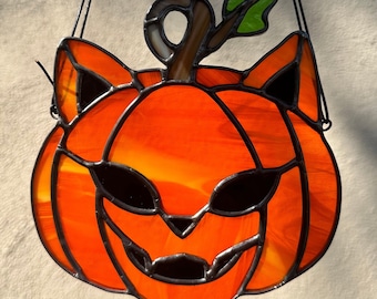 Stained Glass Cat Jack-o-Lantern Pumpkin