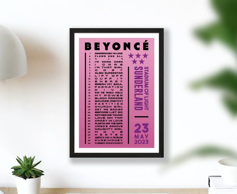 Beyonce 2023 Setlist Poster Prints UK Gig Concert Tour London Live Retro Vintage Design Set List Gift Sunderland 23/05/23