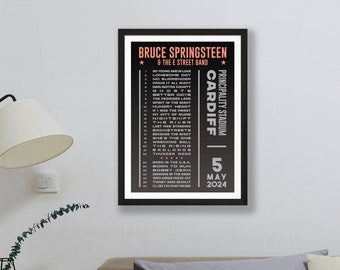 Bruce Springsteen 2023 & 2024 Setlist Dark Poster Print – UK Gig Concert Tour Hyde Park Cardiff – Live Band Retro Set List Gift