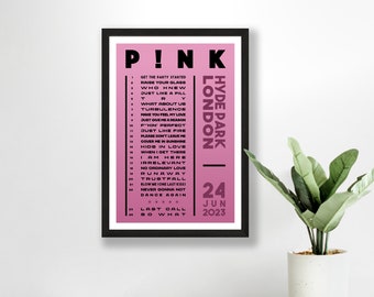 Pink Setlist 2023 Poster Prints – UK Gig Concert Tour P!nk Hyde Park – Live Retro Vintage Design Set List Gift