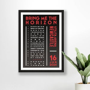 Bring Me The Horizon 2024 UK Setlist Poster Print Gigs Concert Tour Live Band Retro Vintage Design Set List Gift Newcastle 16/01/24