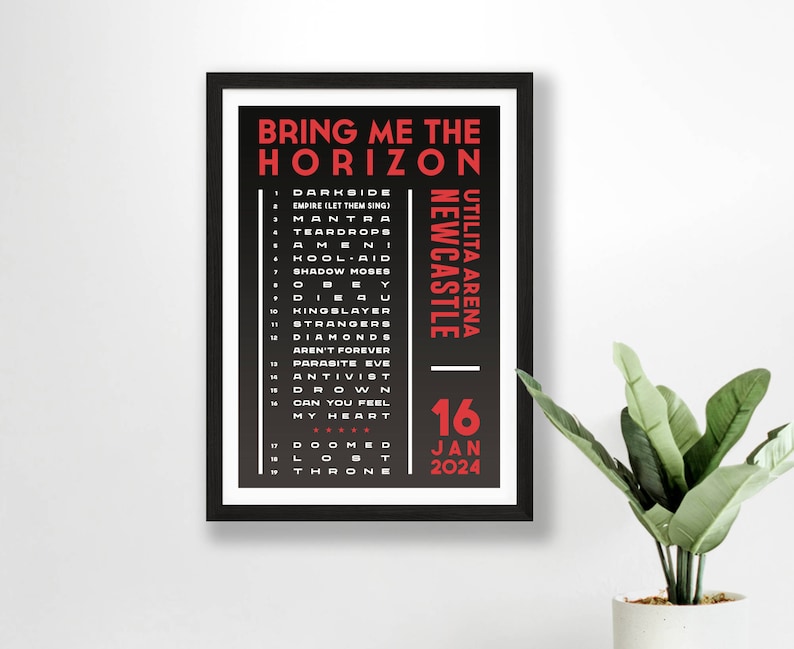 Bring Me The Horizon 2024 UK Setlist Poster Print Gigs Concert Tour Live Band Retro Vintage Design Set List Gift Newcastle 16/01/24