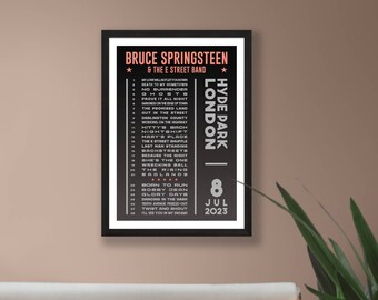 Bruce Springsteen 2023 Setlist Dark Poster Print – UK Gig Concert Tour Hyde Park – Live Band Retro Vintage Set List Gift