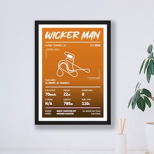 May include: A framed poster featuring a white line diagram of the Wicker Man roller coaster at Alton Towers. The background is a gradient of orange to dark brown. Text includes ride statistics like 70 km/h max speed and 795 m length.