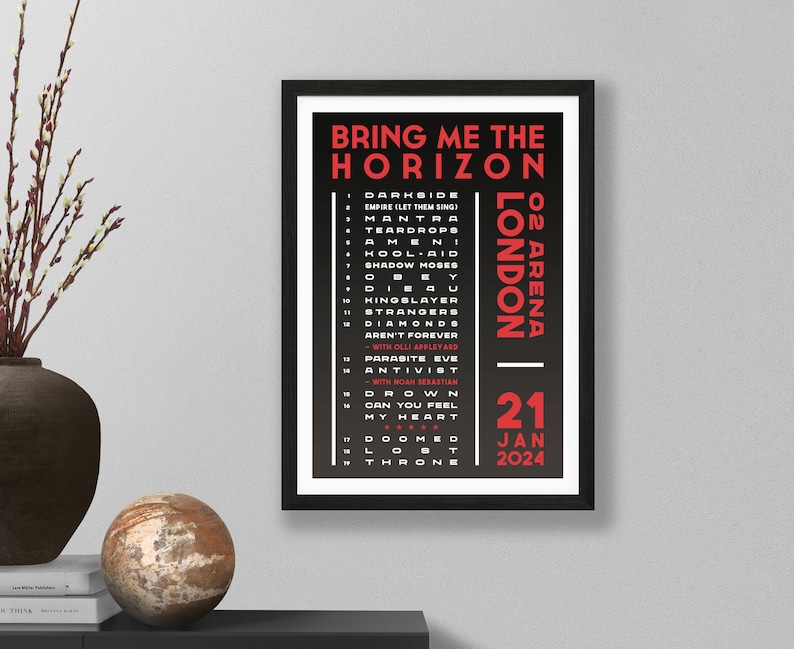Bring Me The Horizon 2024 UK Setlist Poster Print Gigs Concert Tour Live Band Retro Vintage Design Set List Gift London 21/01/24