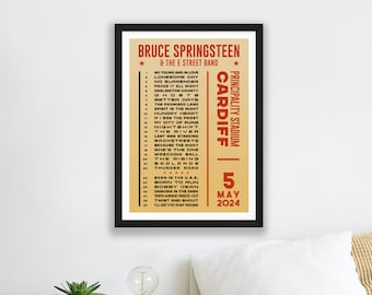Bruce Springsteen 2023 & 2024 Setlist Poster Print – UK Gig Concert Tour Cardiff Hyde Park – Live Band Retro Design Set List Gift
