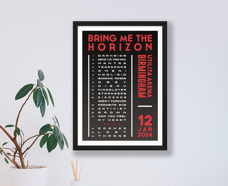 Bring Me The Horizon 2024 UK Setlist Poster Print Gigs Concert Tour Live Band Retro Vintage Design Set List Gift Birmingham 12/01/24
