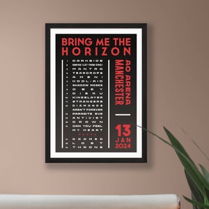 Bring Me The Horizon 2024 UK Setlist Poster Print Gigs Concert Tour Live Band Retro Vintage Design Set List Gift Manchester 13/01/24