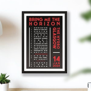 Bring Me The Horizon 2024 UK Setlist Poster Print Gigs Concert Tour Live Band Retro Vintage Design Set List Gift Glasgow 14/01/24