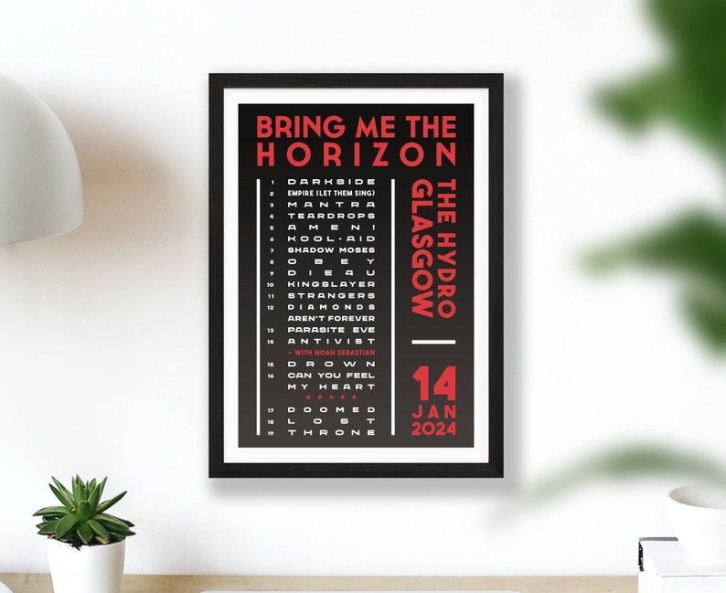 Bring Me The Horizon 2024 UK Setlist Poster Print Gigs Concert Tour Live Band Retro Vintage Design Set List Gift Glasgow 14/01/24