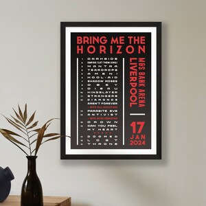 Bring Me The Horizon 2024 UK Setlist Poster Print Gigs Concert Tour Live Band Retro Vintage Design Set List Gift Liverpool 17/01/24